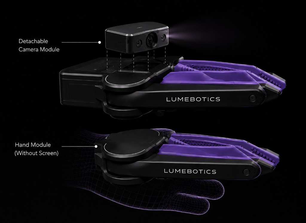 Lume Finger hand module with detachable camera module and purple tactile finger segments